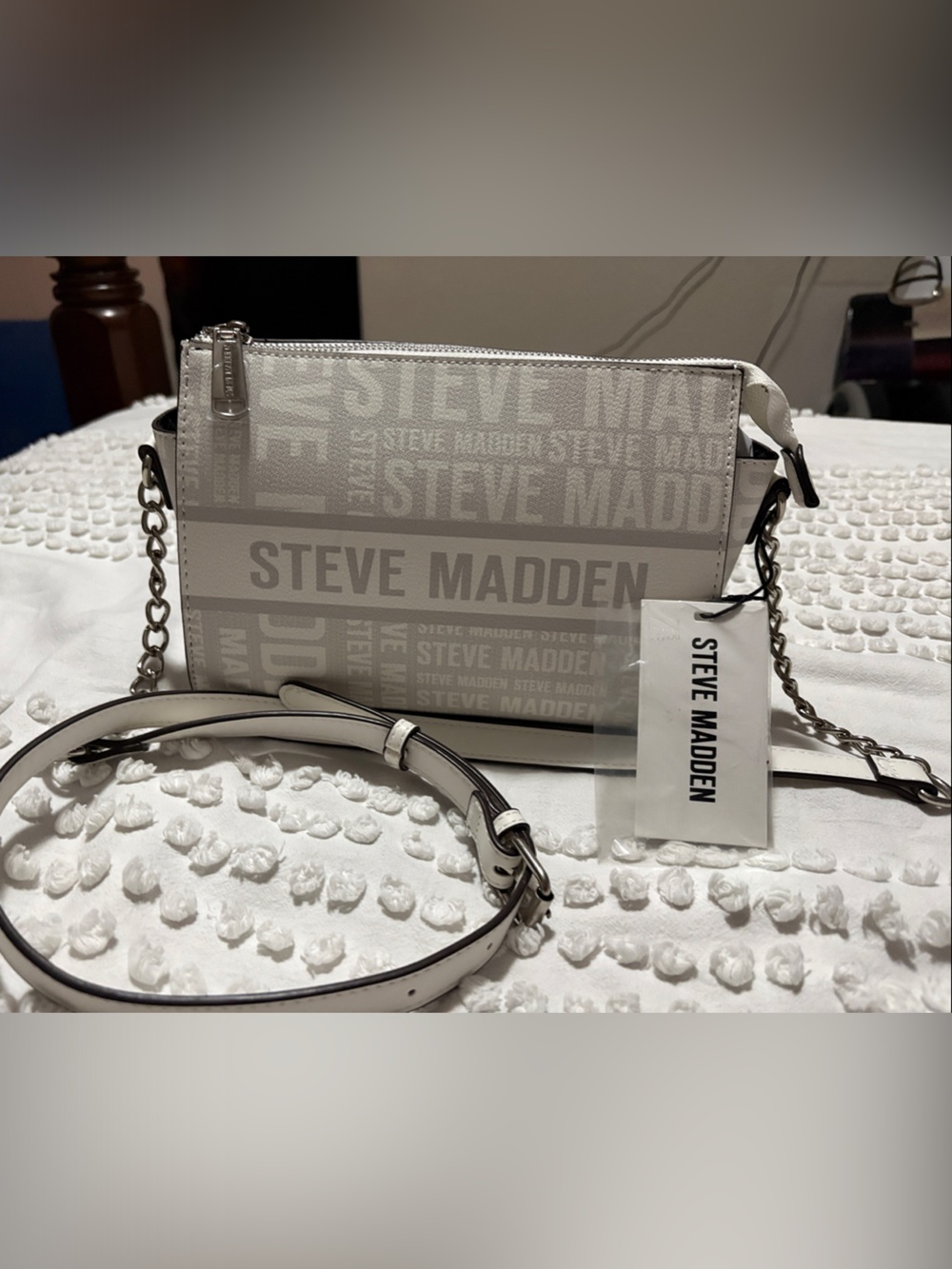Steve Madden White Logo Print Crossbody Bag